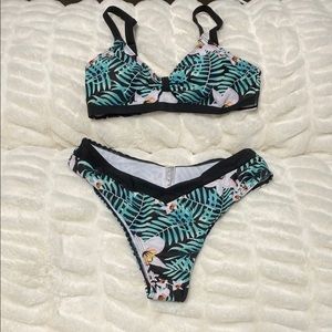 Green and Black Tropical Print Bikini Set with Bralette Top